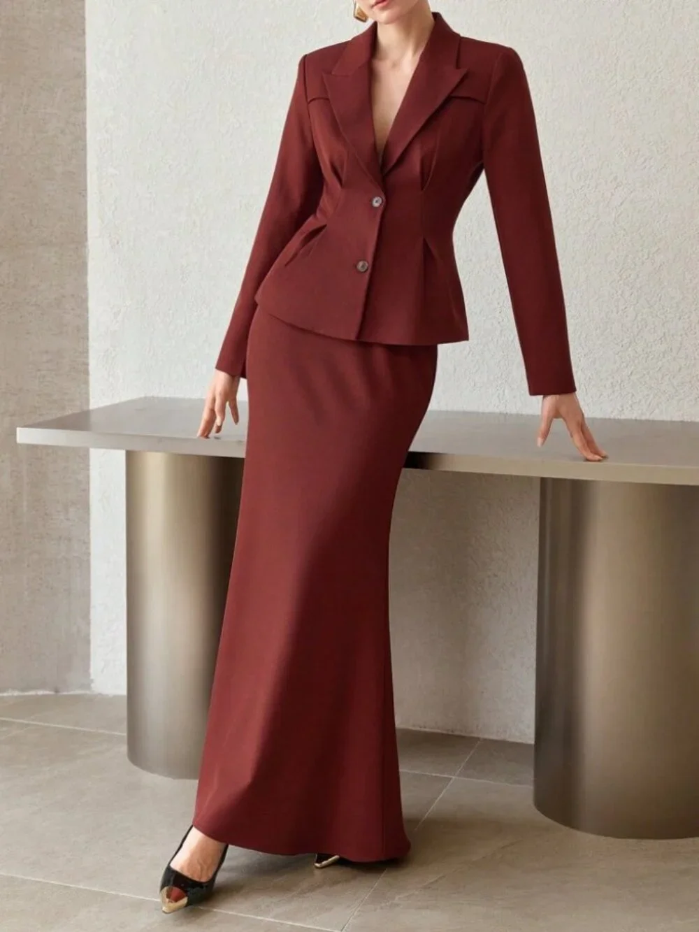 Burgundy Maxi Skirt with High Waist Fit-and-Flare Silhouette